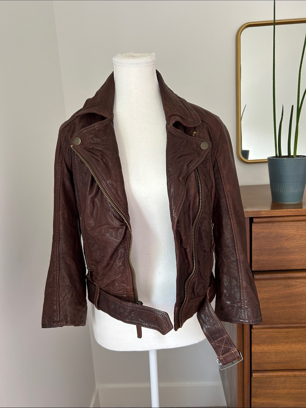 Abercrombie & Fitch Brown Leather distressed look Moto Jacket with Waist Belt